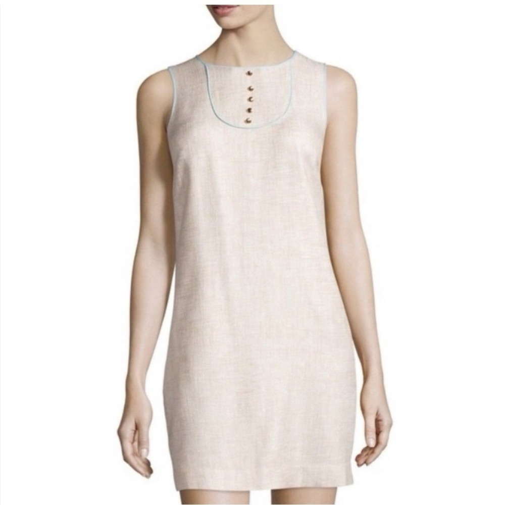 SAIL AND SABLE Sea To Sand Shift Dress Beige w/ Turquoise Trim Gold Shimmer Sz S - Picture 3 of 7